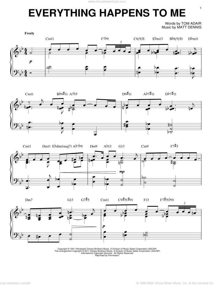 Everything Happens To Me [Jazz version] (arr. Brent Edstrom) sheet music for piano solo by Bill Evans, Matt Dennis and Tom Adair, intermediate skill level