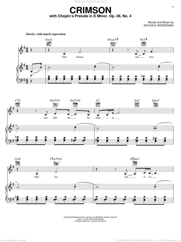 Crimson sheet music for voice, piano or guitar by Nichole Nordeman, intermediate skill level