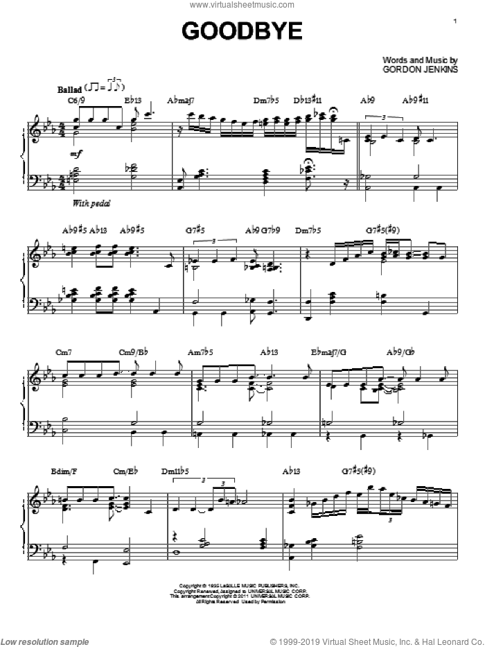 Goodbye [Jazz version] (arr. Brent Edstrom) sheet music for piano solo by Bill Evans, Benny Goodman, Linda Ronstadt, Rosemary Clooney and Gordon Jenkins, intermediate skill level