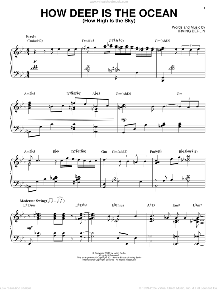 How Deep Is The Ocean (How High Is The Sky) [Jazz version] (arr. Brent Edstrom) sheet music for piano solo by Bill Evans, Ben Webster and Irving Berlin, intermediate skill level