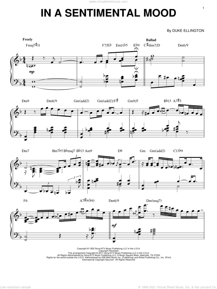 In A Sentimental Mood [Jazz version] (arr. Brent Edstrom) sheet music for piano solo by Bill Evans, Duke Ellington, Irving Mills and Manny Kurtz, intermediate skill level