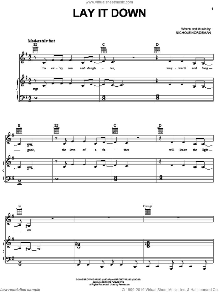Lay It Down sheet music for voice, piano or guitar by Nichole Nordeman, intermediate skill level