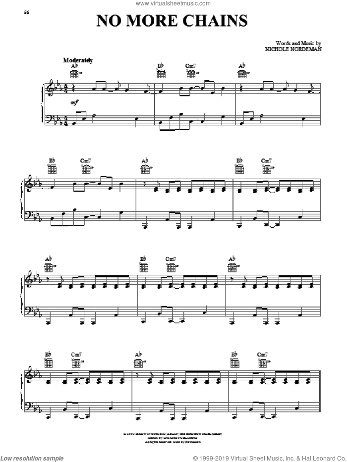 No More Chains sheet music for voice, piano or guitar by Nichole Nordeman, intermediate skill level