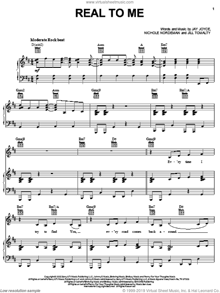 Real To Me sheet music for voice, piano or guitar by Nichole Nordeman, Jay Joyce and Jill Tomalty, intermediate skill level