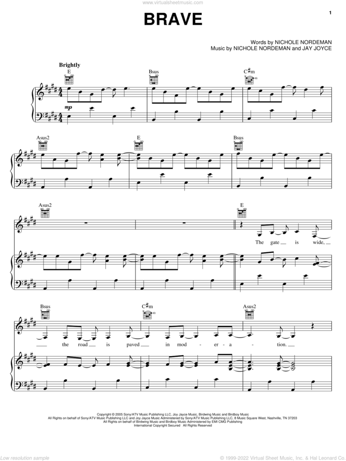 Brave sheet music for voice, piano or guitar by Nichole Nordeman and Jay Joyce, intermediate skill level