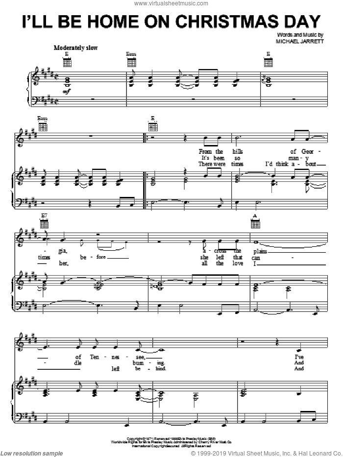 I'll Be Home On Christmas Day sheet music for voice, piano or guitar by Elvis Presley and Michael Jarrett, intermediate skill level