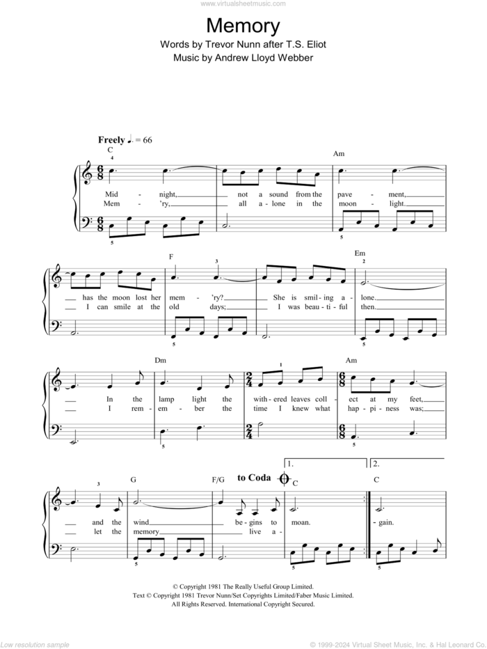 Memory (from Cats), (easy) (from Cats) sheet music for piano solo by Andrew Lloyd Webber, Cats (Musical) and Trevor Nunn, easy skill level