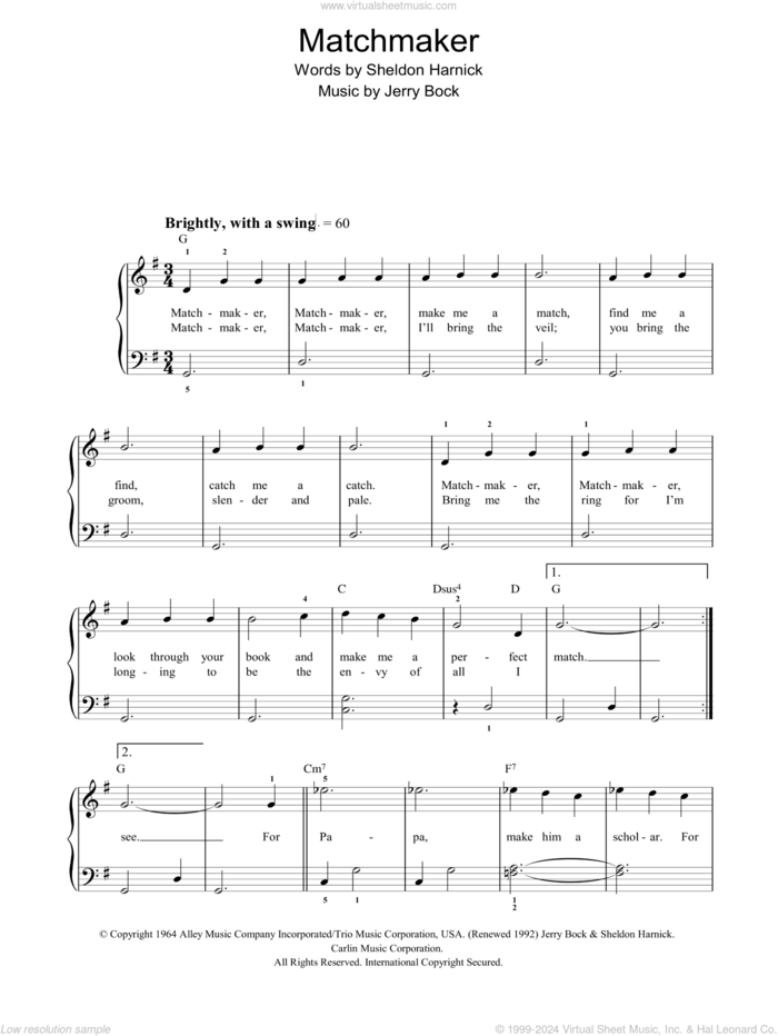 Matchmaker (from Fiddler On The Roof) sheet music for piano solo by Bock & Harnick, Fiddler On The Roof (Musical), Jerry Bock and Sheldon Harnick, easy skill level