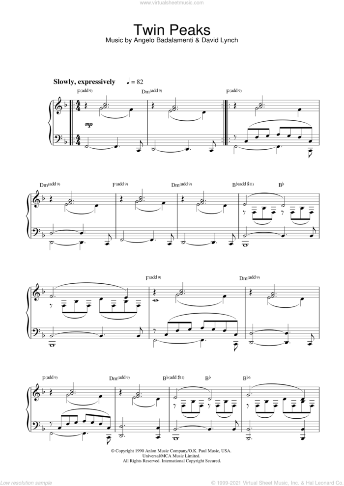 Theme from Twin Peaks sheet music for piano solo by David Lynch and Angelo Badalamenti, intermediate skill level