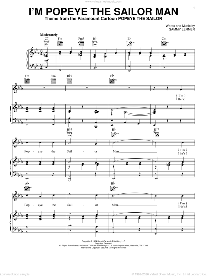 I'm Popeye The Sailor Man sheet music for voice, piano or guitar by Sammy Lerner and Theme Song, intermediate skill level