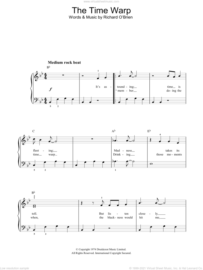 Time Warp sheet music for piano solo by Richard O'Brien and The Rocky Horror Picture Show, easy skill level