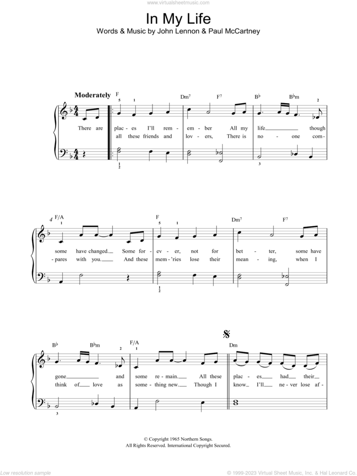 In My Life, (easy) sheet music for piano solo by The Beatles, John Lennon and Paul McCartney, wedding score, easy skill level