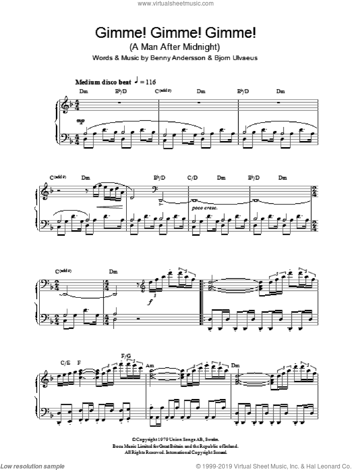 Gimme! Gimme! Gimme! (A Man After Midnight), (intermediate) sheet music for piano solo by ABBA, Benny Andersson and Bjorn Ulvaeus, intermediate skill level