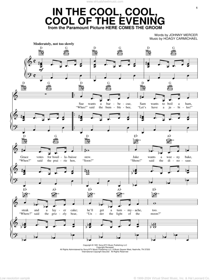 In The Cool, Cool, Cool Of The Evening sheet music for voice, piano or guitar by Hoagy Carmichael, Frank Sinatra and Johnny Mercer, intermediate skill level