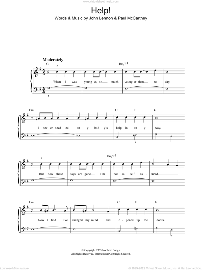 Help!, (easy) sheet music for piano solo by The Beatles, John Lennon and Paul McCartney, easy skill level