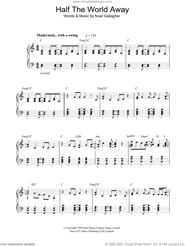 Half The World Away (theme from The Royle Family) sheet music for piano solo by Oasis and Noel Gallagher, intermediate skill level