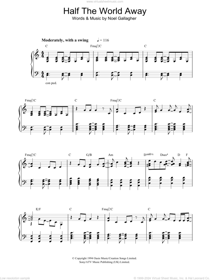 Half The World Away (theme from The Royle Family) sheet music for piano solo by Oasis and Noel Gallagher, intermediate skill level