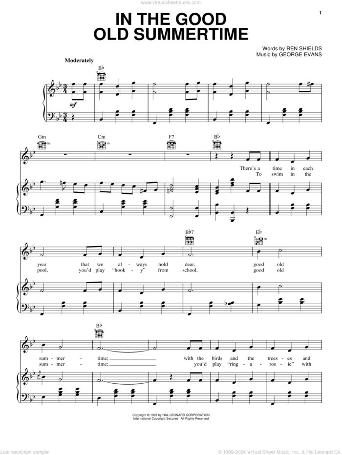 In The Good Old Summertime sheet music for voice, piano or guitar by Ren Shields and George Evans, George Evans and Ren Shields, intermediate skill level