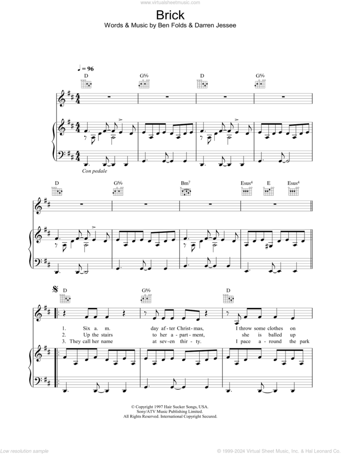 Brick sheet music for voice, piano or guitar by Ben Folds Five, Ben Folds and Darren Jessee, intermediate skill level