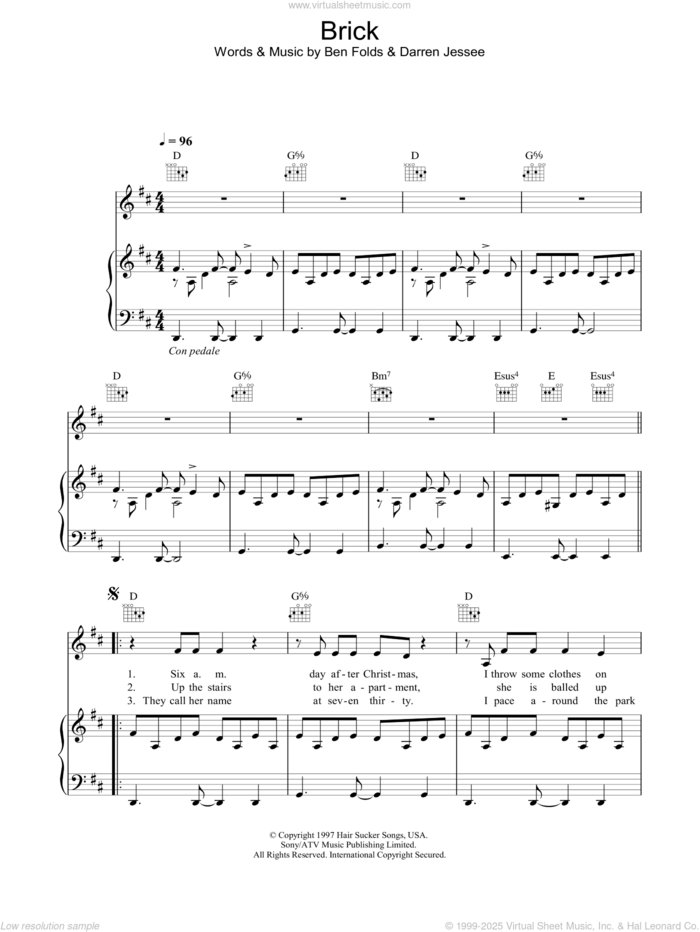 Brick sheet music for voice, piano or guitar by Ben Folds Five, Ben Folds and Darren Jessee, intermediate skill level