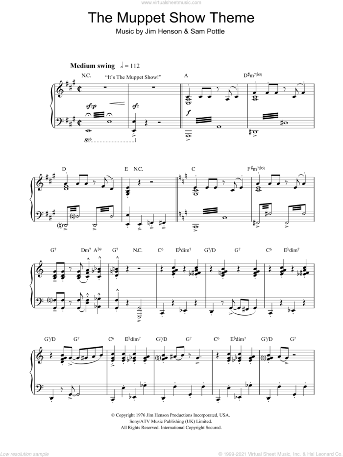 The Muppet Show Theme, (intermediate) sheet music for piano solo by Jim Henson, The Muppets and Sam Pottle, intermediate skill level