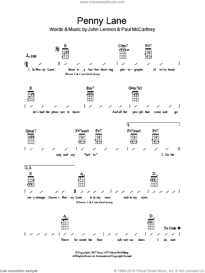 Penny Lane sheet music for ukulele (chords) by The Beatles, John Lennon and Paul McCartney, intermediate skill level