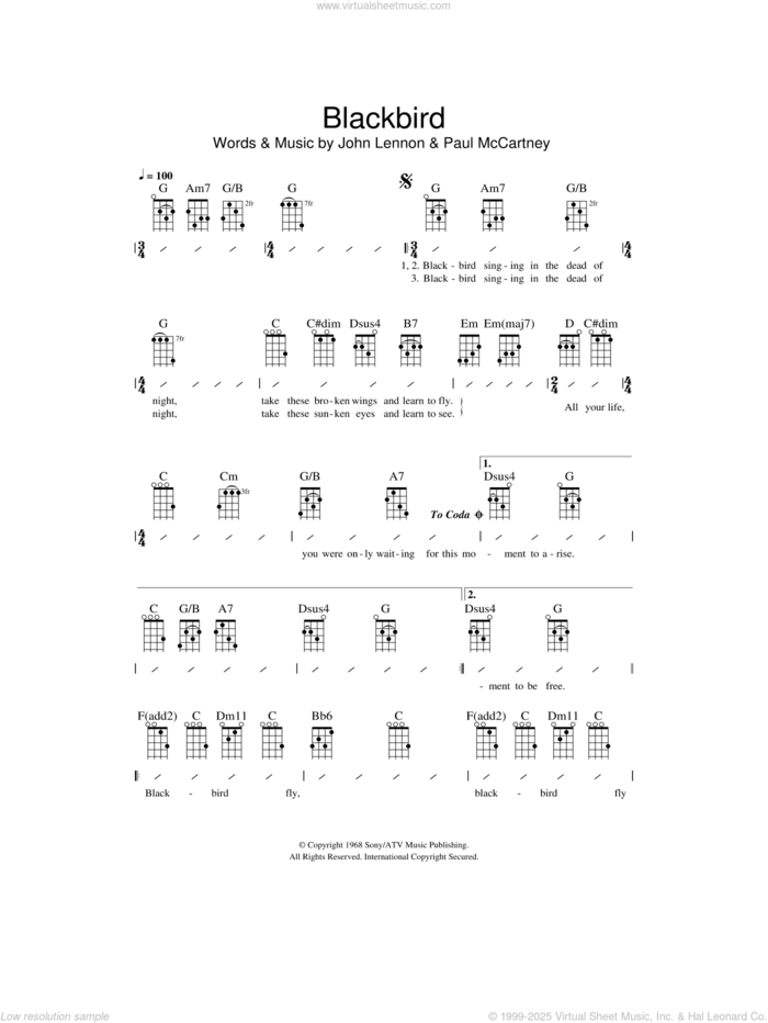 Blackbird sheet music for ukulele (chords) by The Beatles, John Lennon and Paul McCartney, intermediate skill level