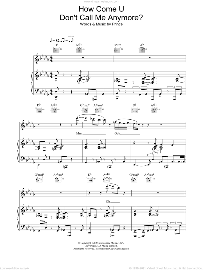 How Come U Don't Call Me Anymore sheet music for voice, piano or guitar by Prince, intermediate skill level