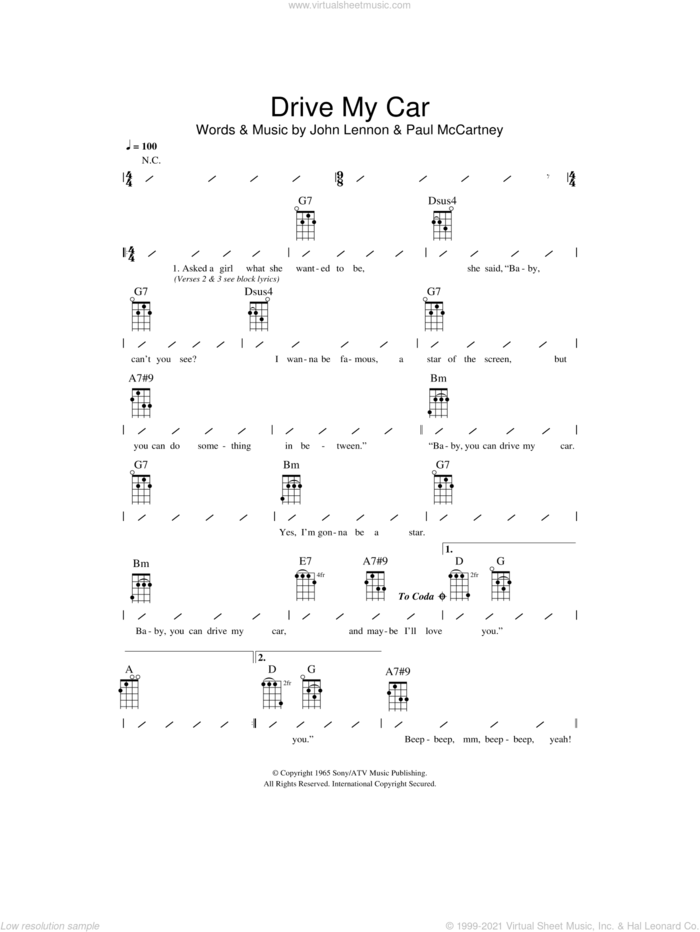 Drive My Car sheet music for ukulele (chords) by The Beatles, John Lennon and Paul McCartney, intermediate skill level