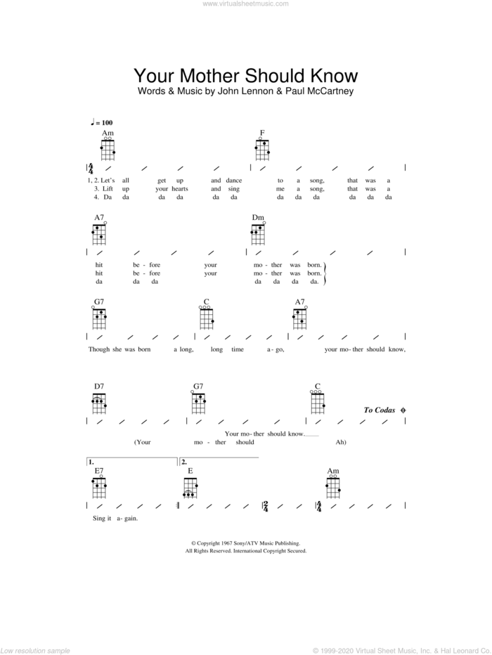 Your Mother Should Know sheet music for ukulele (chords) by The Beatles, Paul McCartney and John Lennon, intermediate skill level