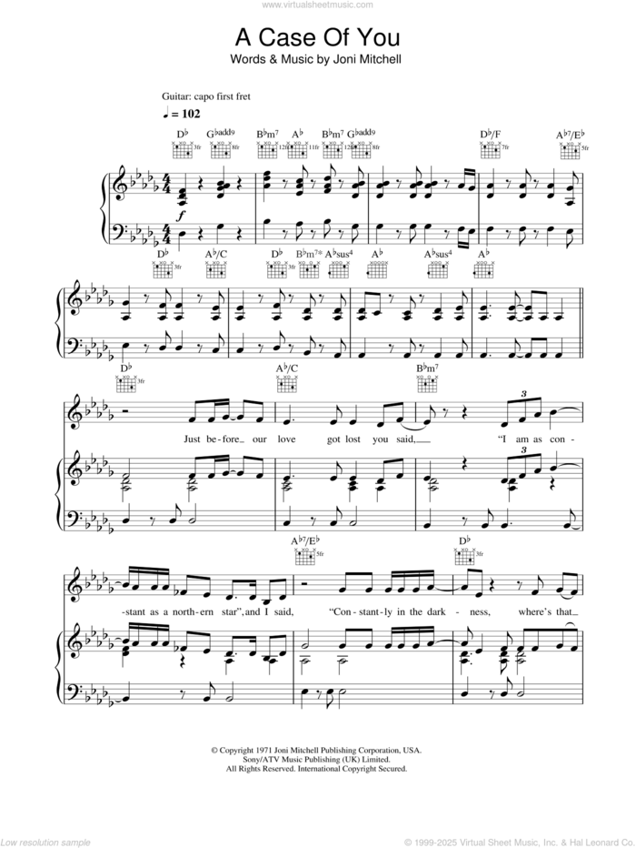 A Case Of You sheet music for voice, piano or guitar by Joni Mitchell and Diana Krall, intermediate skill level