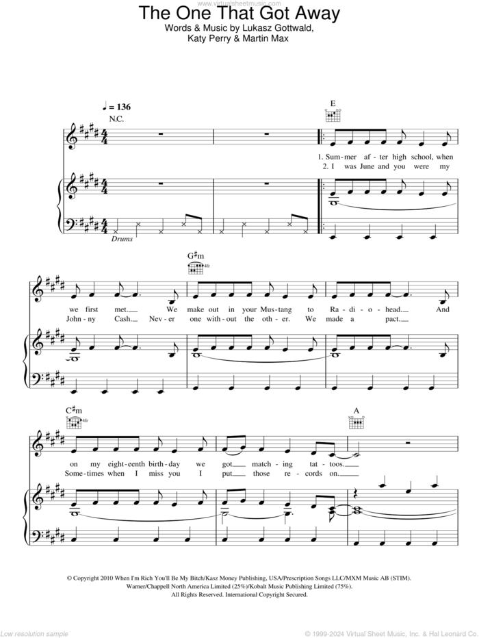 The One That Got Away sheet music for voice, piano or guitar by Katy Perry, Lukasz Gottwald and Martin Max, intermediate skill level