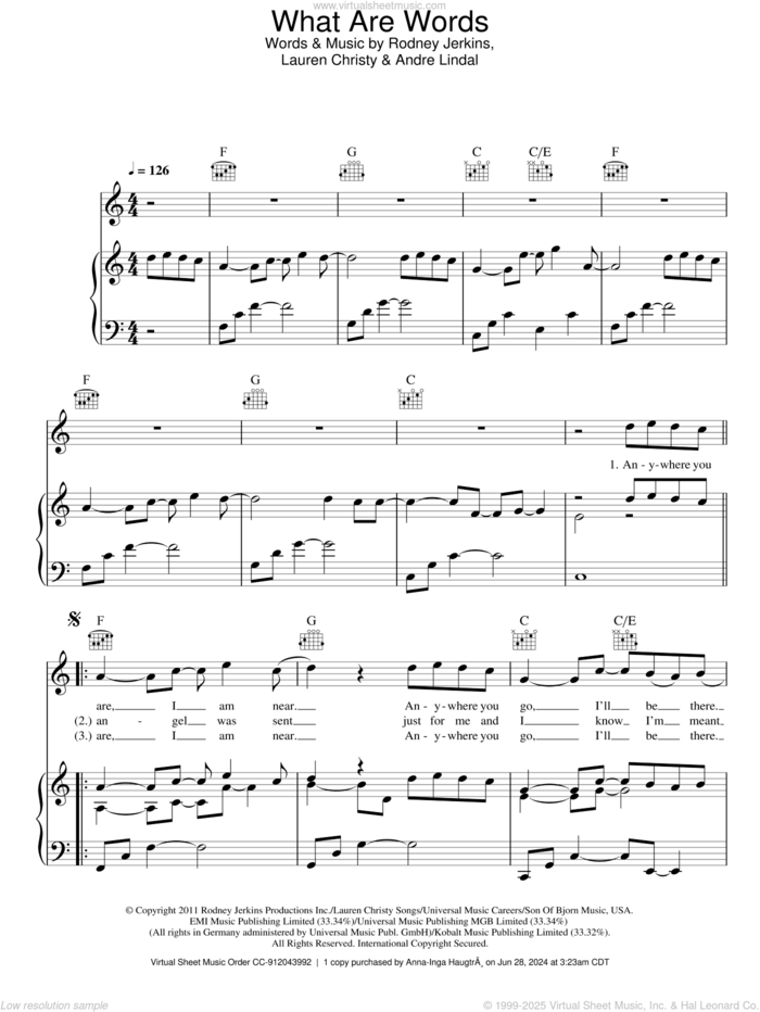 What Are Words sheet music for voice, piano or guitar by Chris Medina, Andre Lindal, Lauren Christy and Rodney Jerkins, intermediate skill level