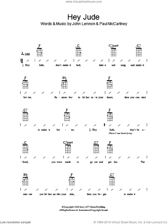 Hey Jude sheet music for ukulele (chords) by The Beatles, John Lennon and Paul McCartney, intermediate skill level