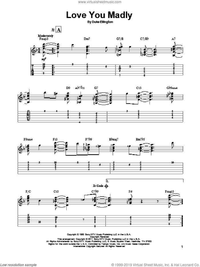 Love You Madly sheet music for guitar solo by Duke Ellington, intermediate skill level