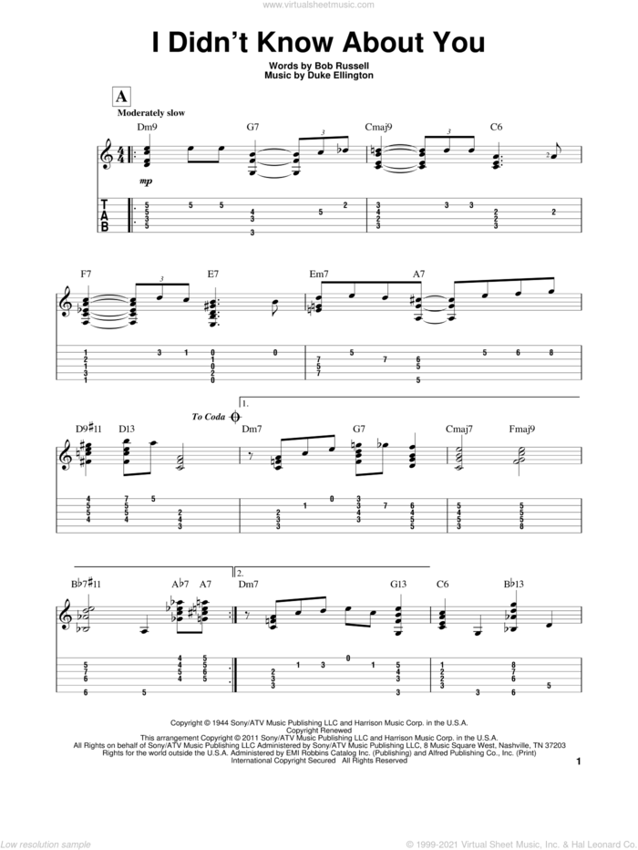I Didn't Know About You sheet music for guitar solo by Duke Ellington and Bob Russell, intermediate skill level