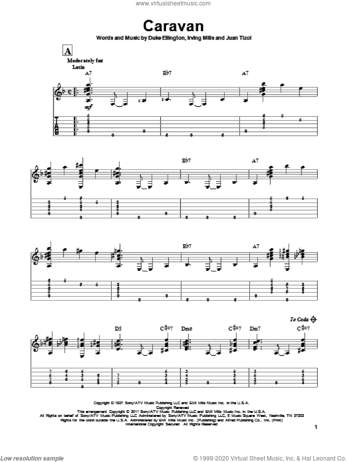 Caravan sheet music for guitar solo by Duke Ellington, Billy Eckstine, Ralph Marterie, Irving Mills and Juan Tizol, intermediate skill level