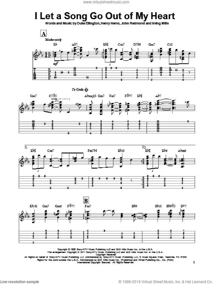 I Let A Song Go Out Of My Heart sheet music for guitar solo by Duke Ellington, Henry Nemo, Irving Mills and John Redmond, intermediate skill level