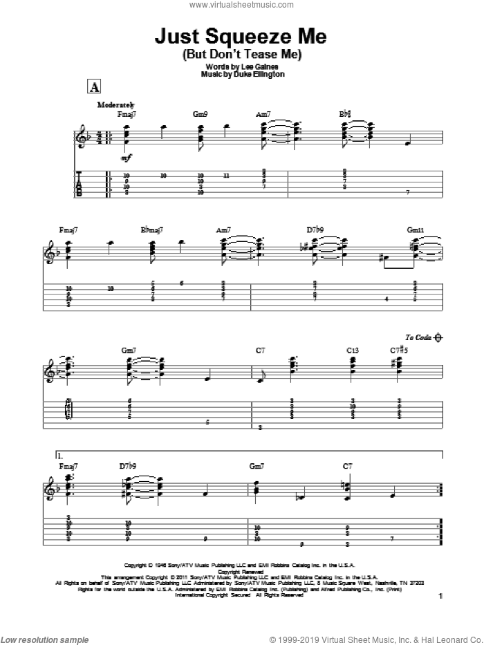 Just Squeeze Me (But Don't Tease Me) sheet music for guitar solo by Duke Ellington and Lee Gaines, intermediate skill level