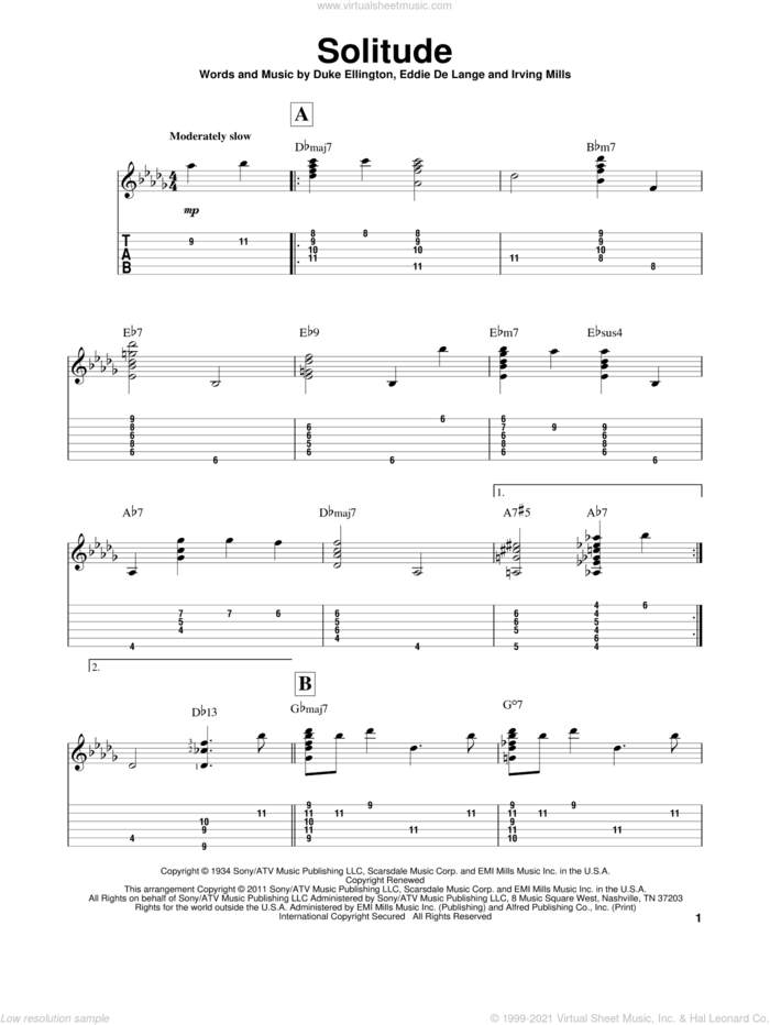 Solitude sheet music for guitar solo by Duke Ellington, Eddie DeLange and Irving Mills, intermediate skill level