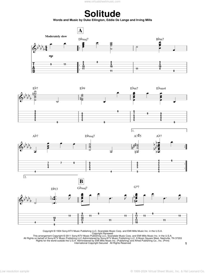 Solitude sheet music for guitar solo by Duke Ellington, Eddie DeLange and Irving Mills, intermediate skill level