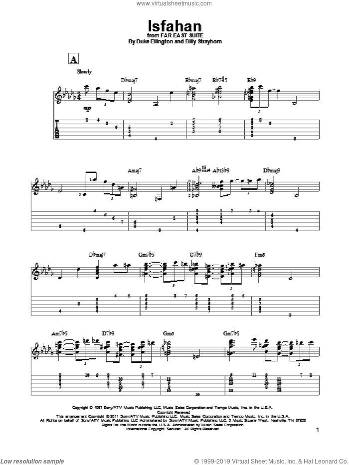 Isfahan sheet music for guitar solo by Duke Ellington and Billy Strayhorn, intermediate skill level
