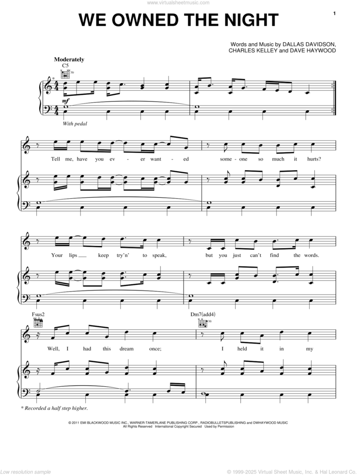 We Owned The Night sheet music for voice, piano or guitar by Lady Antebellum, Lady A, Charles Kelley, Dallas Davidson and Dave Hayward, intermediate skill level