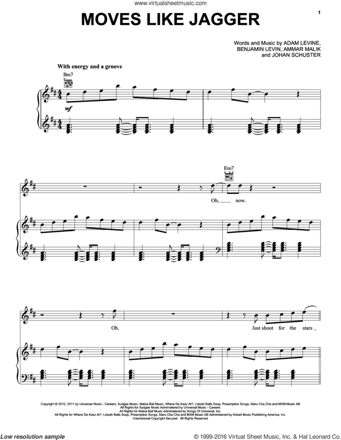 Moves Like Jagger sheet music for voice, piano or guitar by Maroon 5 featuring Christina Aguilera, Christina Aguilera, Maroon 5, Adam Levine, Ammar Malk, Benjamin Levin and Johan Schuster, intermediate skill level