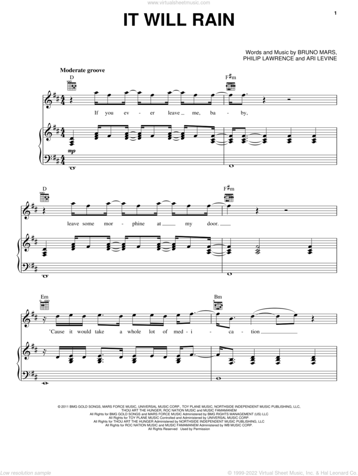 It Will Rain sheet music for voice, piano or guitar by Bruno Mars, Ari Levine and Philip Lawrence, intermediate skill level