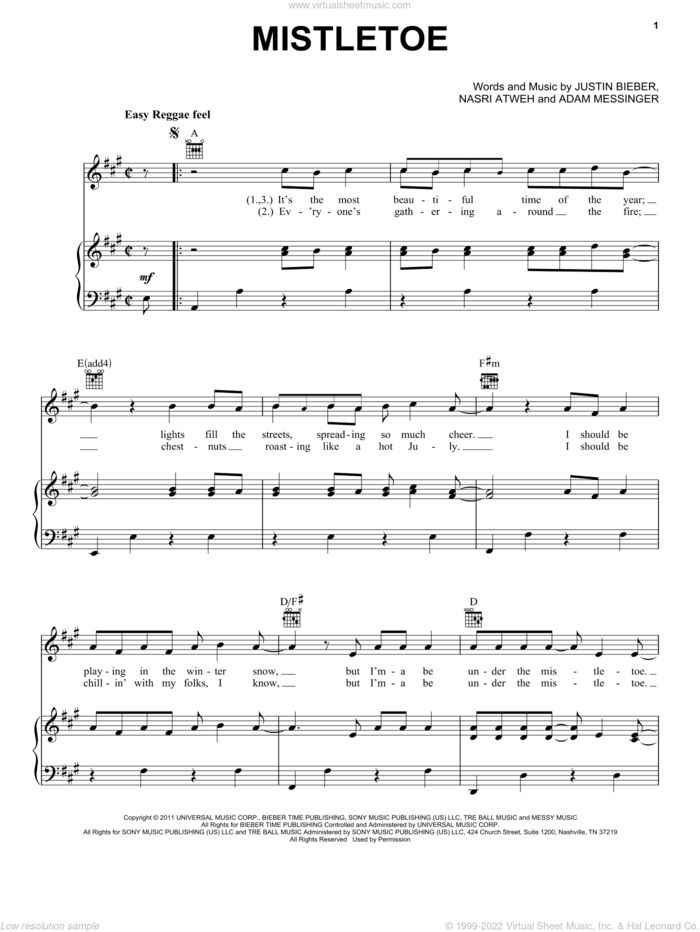 Mistletoe sheet music for voice, piano or guitar by Justin Bieber, Adam Messinger and Nasri Atweh, intermediate skill level