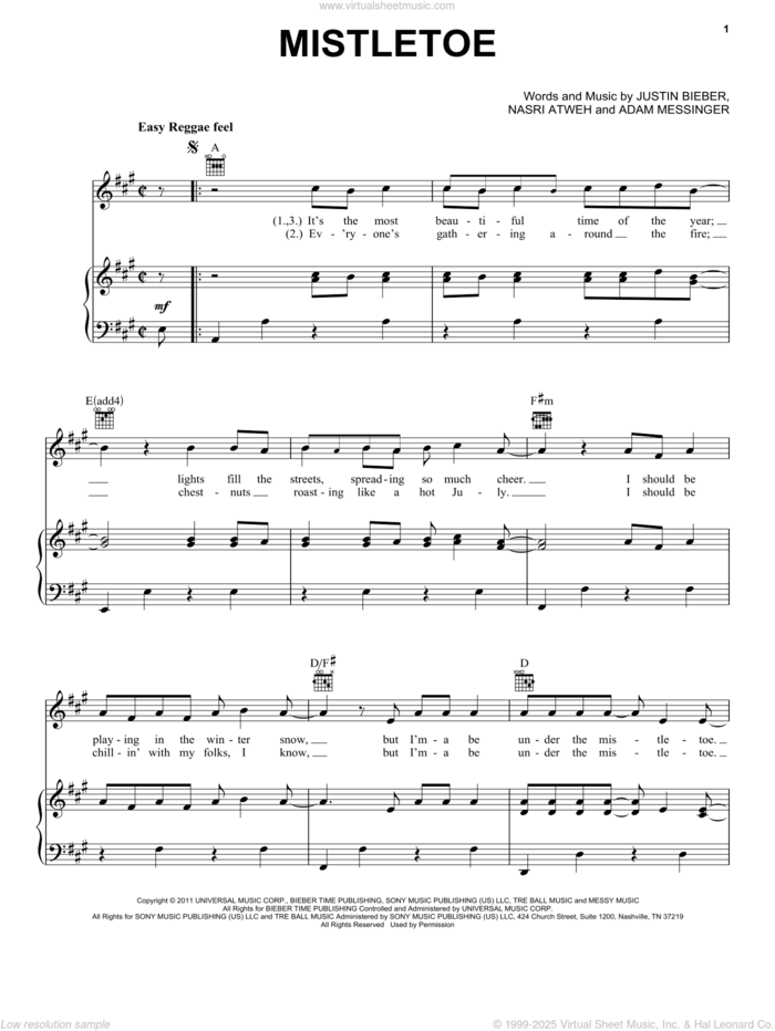 Mistletoe sheet music for voice, piano or guitar by Justin Bieber, Adam Messinger and Nasri Atweh, intermediate skill level