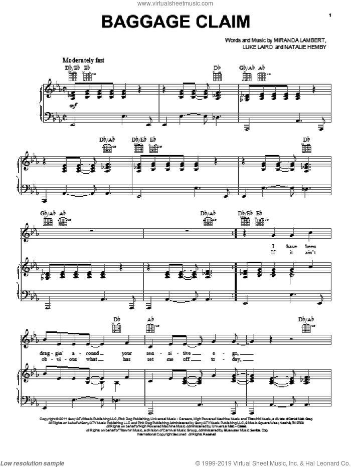 Baggage Claim sheet music for voice, piano or guitar by Miranda Lambert, Luke Laird and Natalie Hemby, intermediate skill level