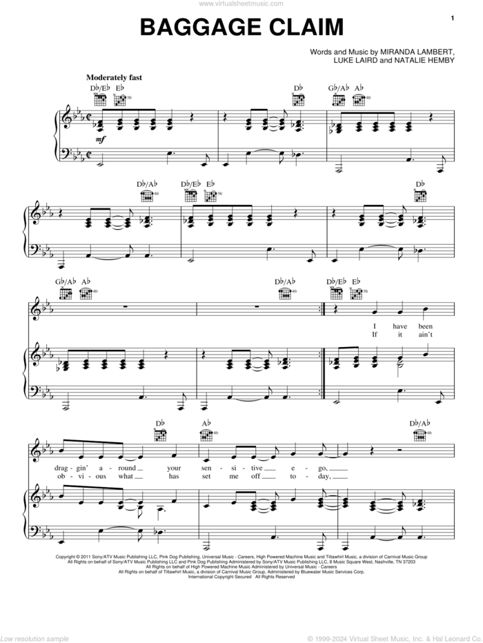 Baggage Claim sheet music for voice, piano or guitar by Miranda Lambert, Luke Laird and Natalie Hemby, intermediate skill level