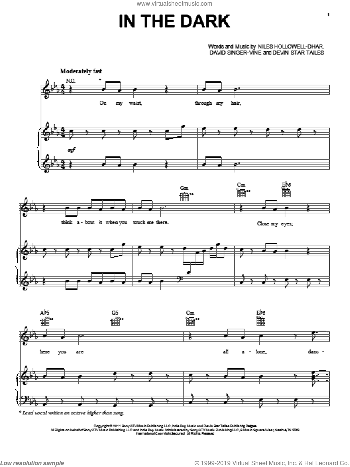 In The Dark sheet music for voice, piano or guitar by Dev, David Singer-Vine, Devin Star Tailes and Niles Hollowell-Dhar, intermediate skill level